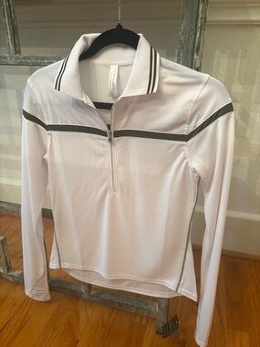 Women’s White Long-Sleeve Quarter-Zip Top with Olive Stripe Accents
